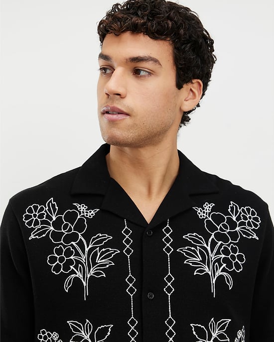 River Island Mens Shirt Black Regular Fit Floral Embroidered Collared - Image 3