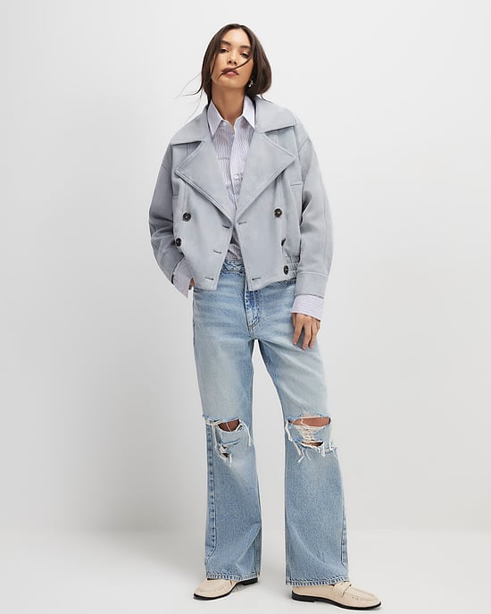 River Island Womens Bomber Jacket Blue Faux Suede Collared - Image 2