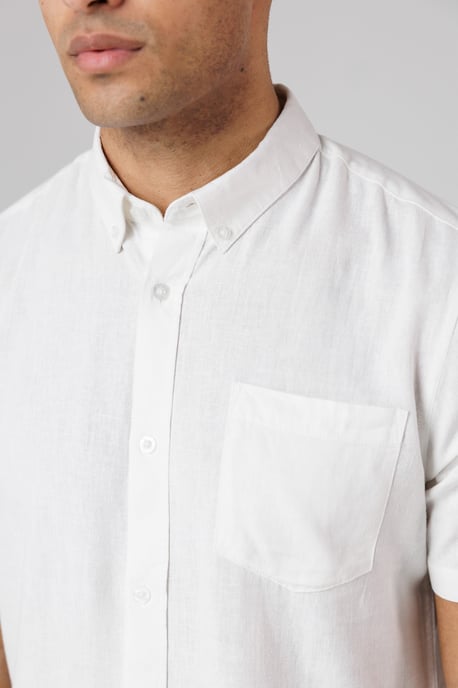 White Linen Blend Short Sleeve Chest Pocket Shirt - Image 3