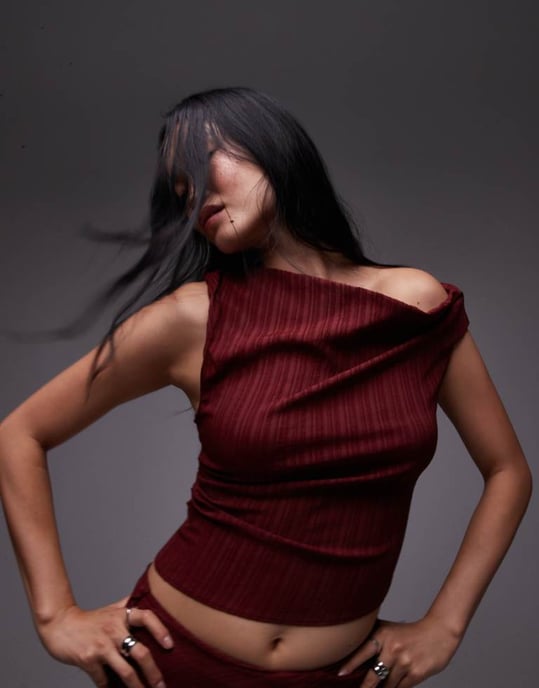 Topshop co-ord twisted off shoulder top in burgundy - Image 1