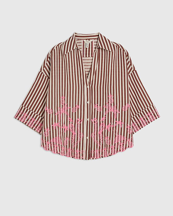 River Island Womens Shirt Brown Cotton Blend Stripe Toucan - Image 6