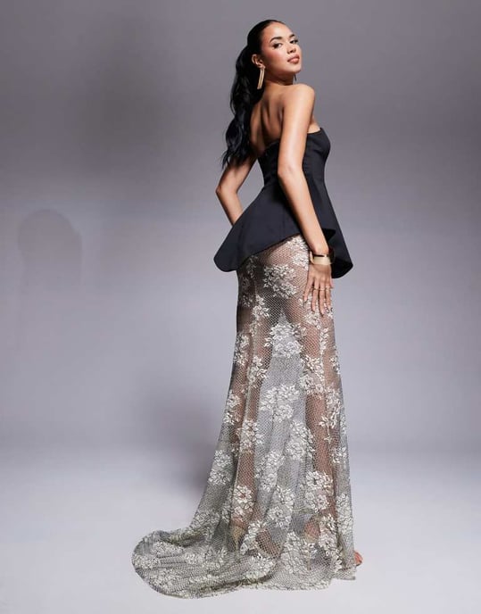 ASOS DESIGN Premium moulded dress with lace maxi skirt in black scuba-style fabric - Image 4