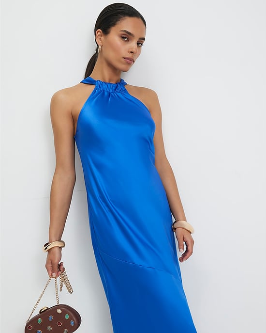 River Island Womens Slip Midi Dress Petite Navy Halter Neck Back - Image 2