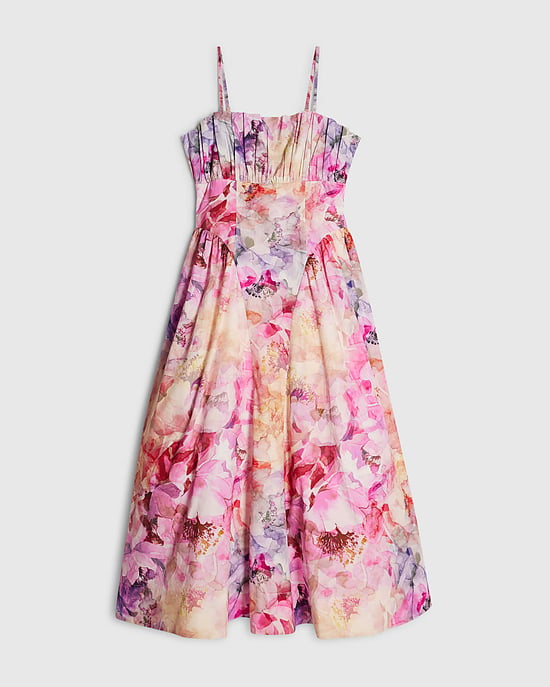 River Island Womens Midi Dress Pink Cotton Floral Print Netted Skirt - Image 6