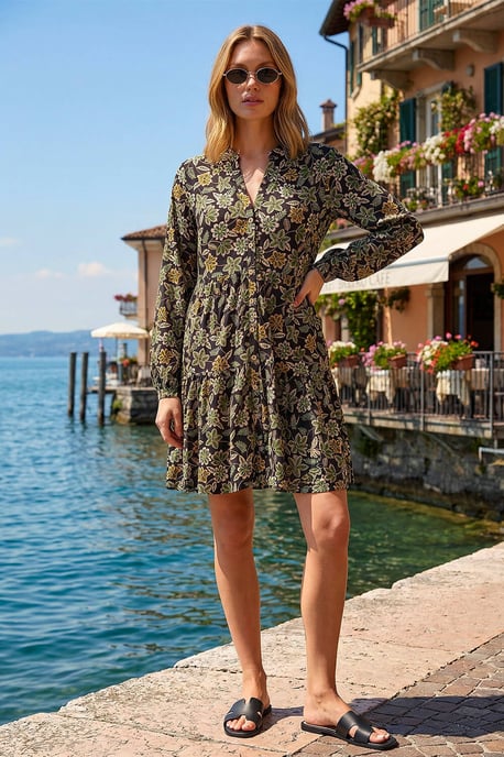Floral Print Button Stretch Dress - Image 1