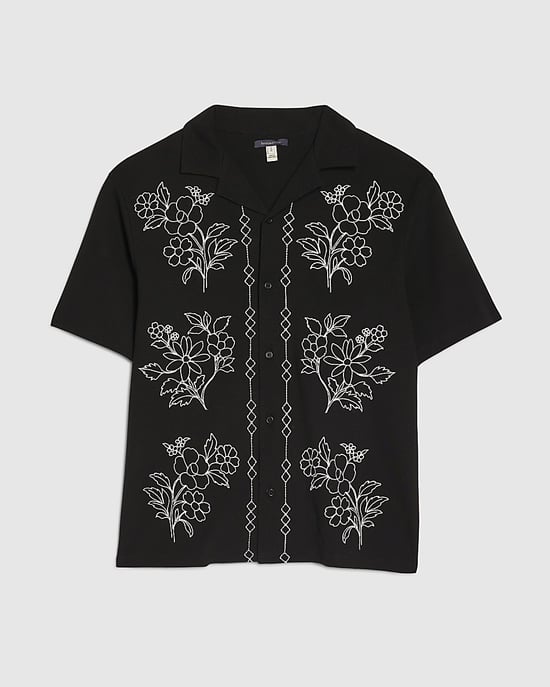 River Island Mens Shirt Black Regular Fit Floral Embroidered Collared - Image 6