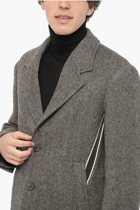 Herringbone Motif Virgin Wool Coat in Black & White - Image 3