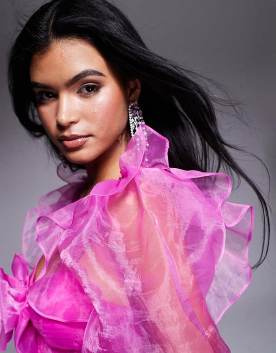 ASOS LUXE organza babydoll top with bow details in hot pink - Image 3