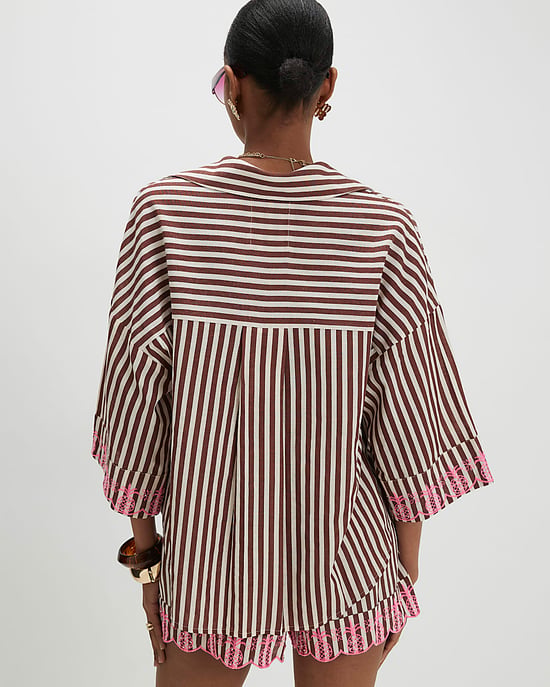 River Island Womens Shirt Brown Cotton Blend Stripe Toucan - Image 3