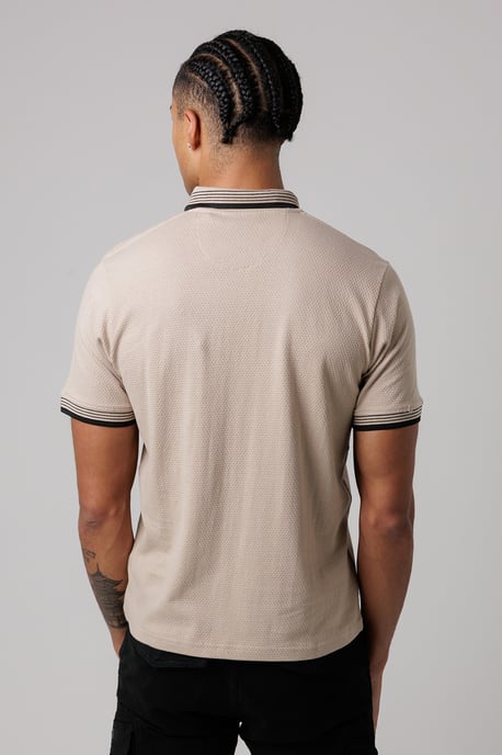 Taupe Regular Fit Cotton Zip Polo Shirt With Gradient Stripes - Image 2