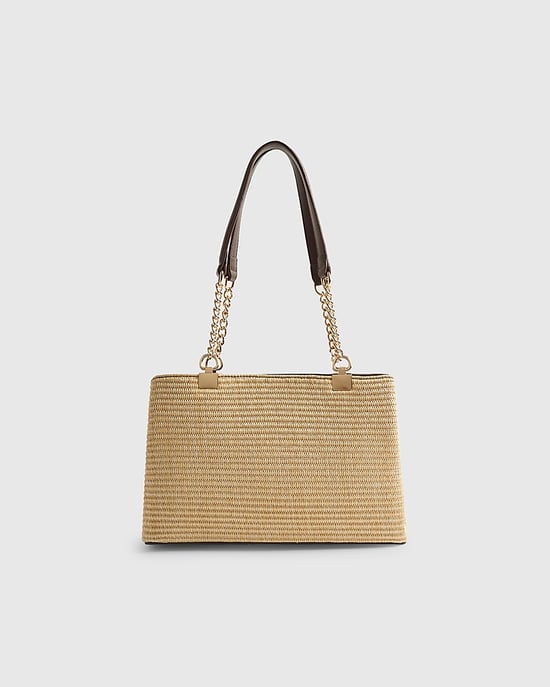 River Island Womens Shoulder Bag Beige Raffia Chain Handle Zip - Image 2