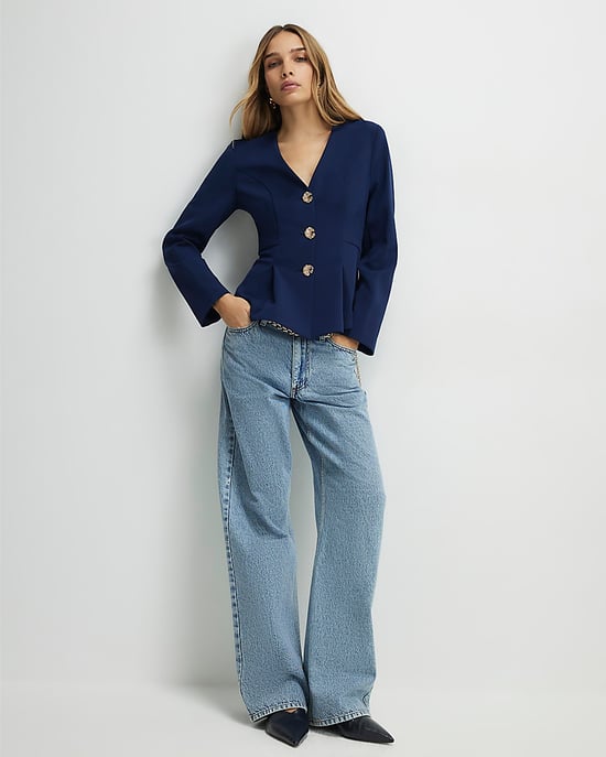 River Island Womens Jacket Navy Long Sleeve Pleated V-Neck - Image 4