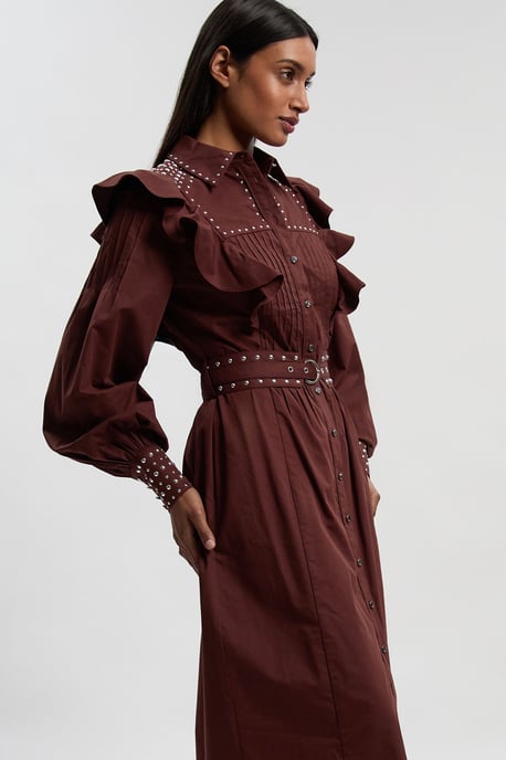 Cotton Sateen Drama Sleeve Studded Woven Maxi Shirt Dress - Image 2