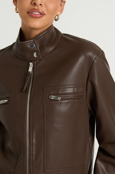 Faux Leather Button Up Collar Zip Pocket Jacket - Image 4