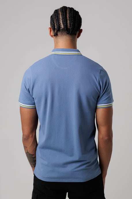 Mid Navy Regular Fit Cotton Button Polo Shirt With Stripe Detail - Image 2