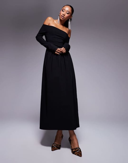 ASOS DESIGN bengaline long sleeve bardot midi dress in black - Image 1