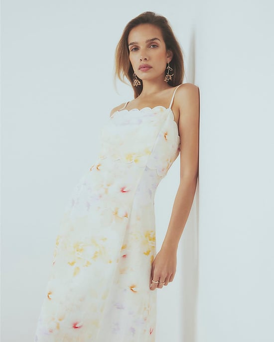 River Island Womens Midi Dress Cream Linen Blend Floral Scallop Zip - Image 4