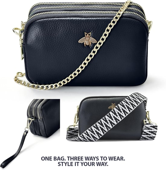 Ladies Crossbody Bag With Wide Strap, Chain And Wristlet in Black - Image 5