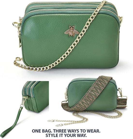 Ladies Crossbody Bag With Wide Strap, Chain And Wristlet in Green - Image 4