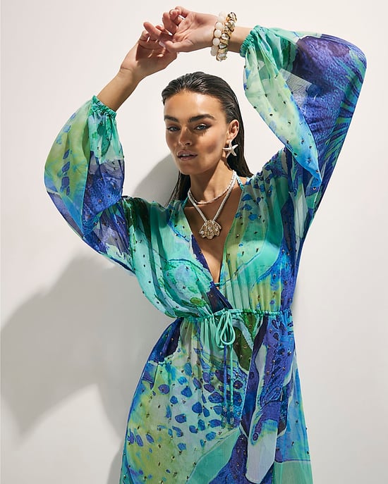 River Island Womens Maxi Beach Tunic Dress Blue Floral Print V-Neck - Image 2