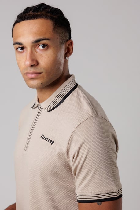 Taupe Regular Fit Cotton Zip Polo Shirt With Gradient Stripes - Image 3