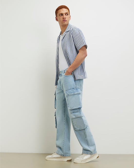 River Island Mens Cargo Jeans Blue Loose Fit Denim - Image 3