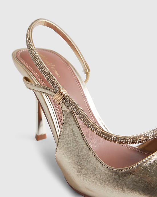 River Island Womens Court Shoes Gold Diamante Slingback Strap Heels - Image 3