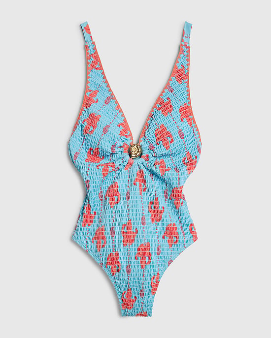 River Island Womens Swimsuit Blue Shirred Palm Print - Image 6