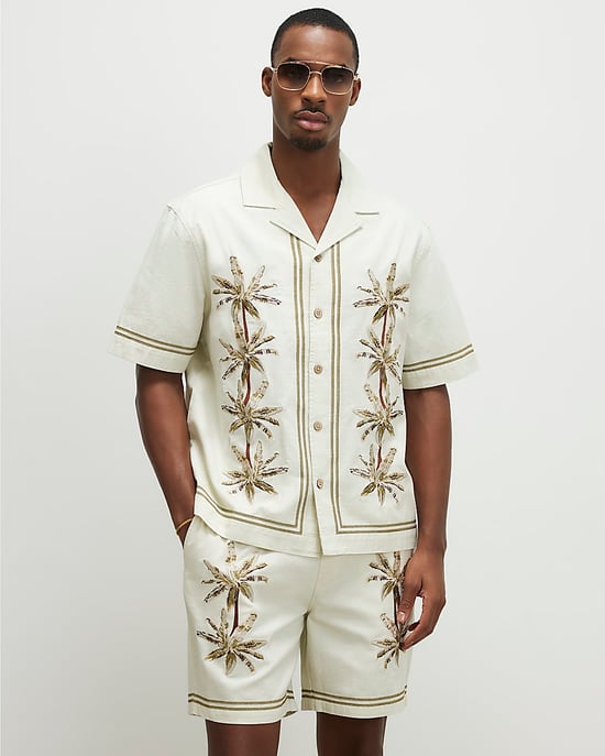 River Island Mens Shirt Cream Palm Tree Embroidered Short Sleeve - Image 1