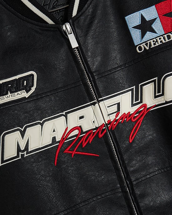 River Island Mens Bomber Jacket Black Faux Leather Motocross - Image 5