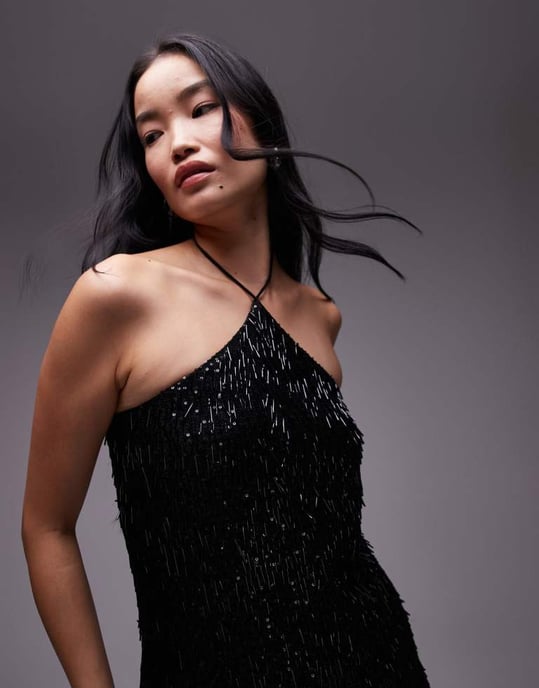 Topshop svart nålpaljetts halterneck mini klänning - Image 4
