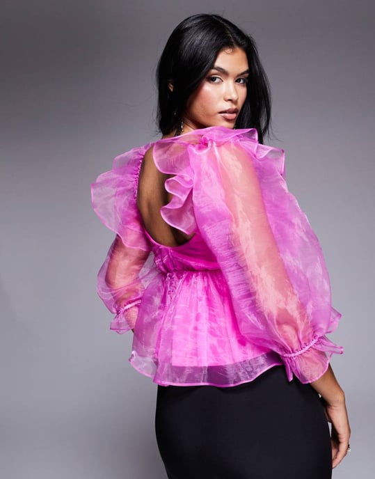 ASOS LUXE organza babydoll top with bow details in hot pink - Image 4