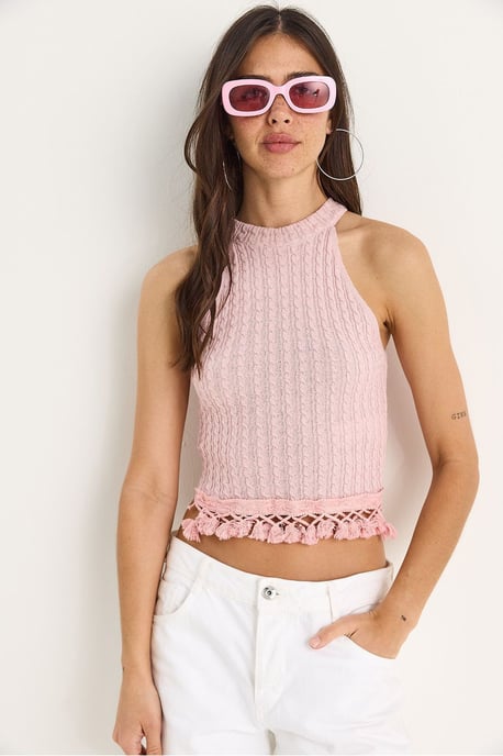 Gestructureerde Halterneck Aansluitende Croptop Blouse - Image 2