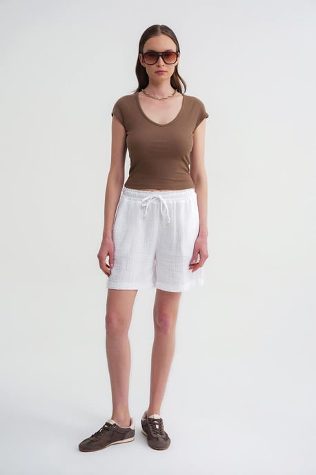 Hoge Taille Textuur Katoenen Shorts - Image 2