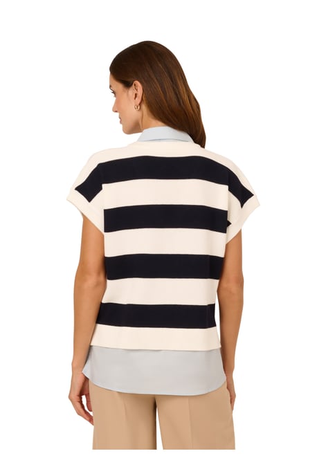 Rugby Striped V-Neck Vest Twofer Sweater W/ Woven Combo - Image 2