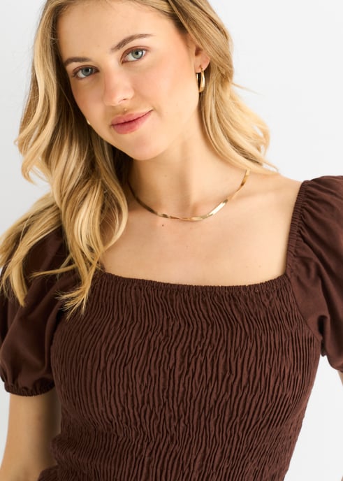 Chocolate Puff Sleeve Shirred Cotton Top - Image 2