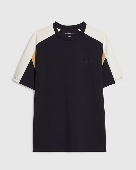 River Island Mens T-Shirt Navy Slim Fit Shoulder Colour Block - Image 6