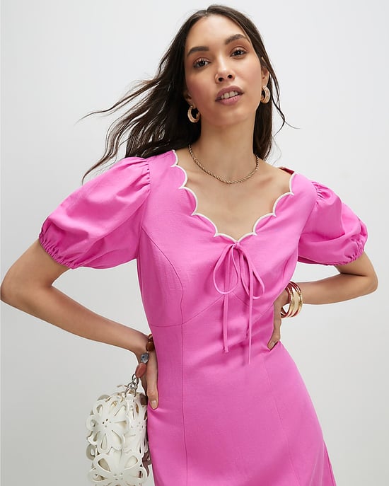 River Island Womens Mini Dress Pink Linen Blend Scallop Trim V-Neck - Image 2