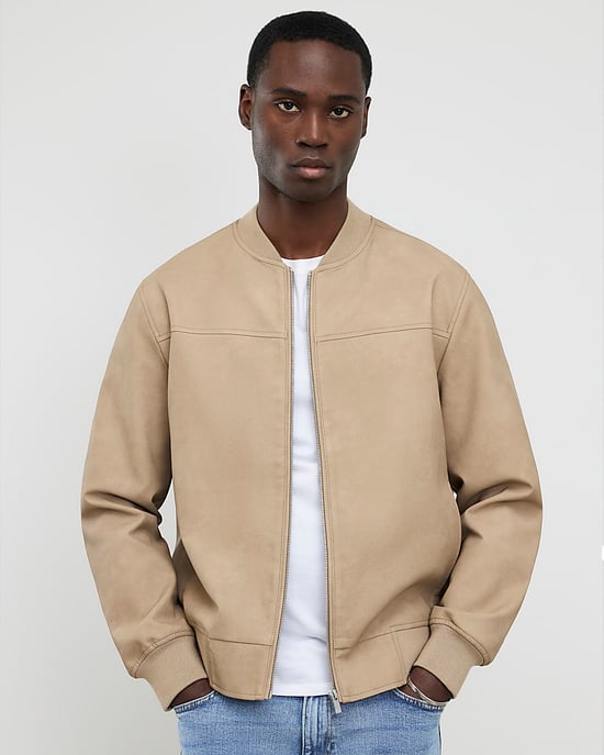 River Island Mens Bomber Jacket Beige Faux Leather Long Sleeve - Image 1