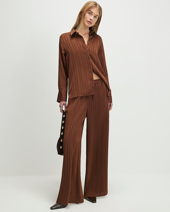 River Island Womens Blouse Brown Satin Striped Crinkle Long Sleeve - Image 3