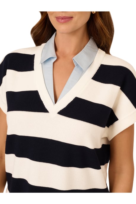 Rugby Striped V-Neck Vest Twofer Sweater W/ Woven Combo - Image 3