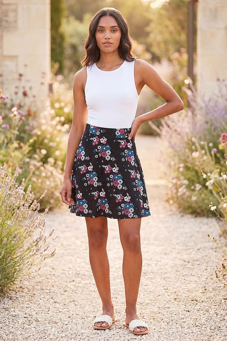 Floral Print Skater Stretch Skirt - Image 1