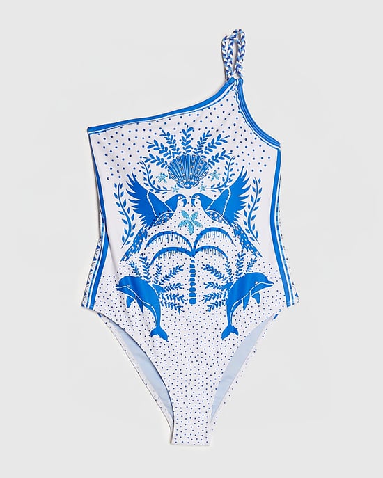 River Island Womens Swimsuit White One Shoulder Dolphin Print - Image 6