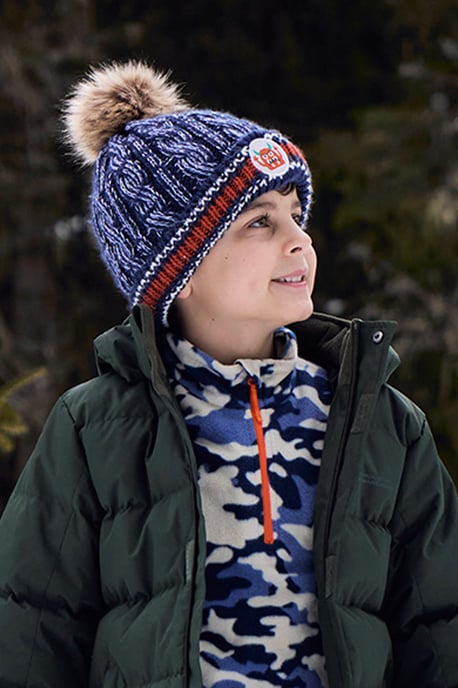 Badged Kids Pom Pom Beanie Faux Fur Warm Cosy Winter Hat Navy - Image 1