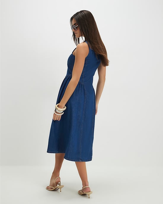 River Island Womens Midi Dress Blue Denim Button Front Sleeveless - Image 3
