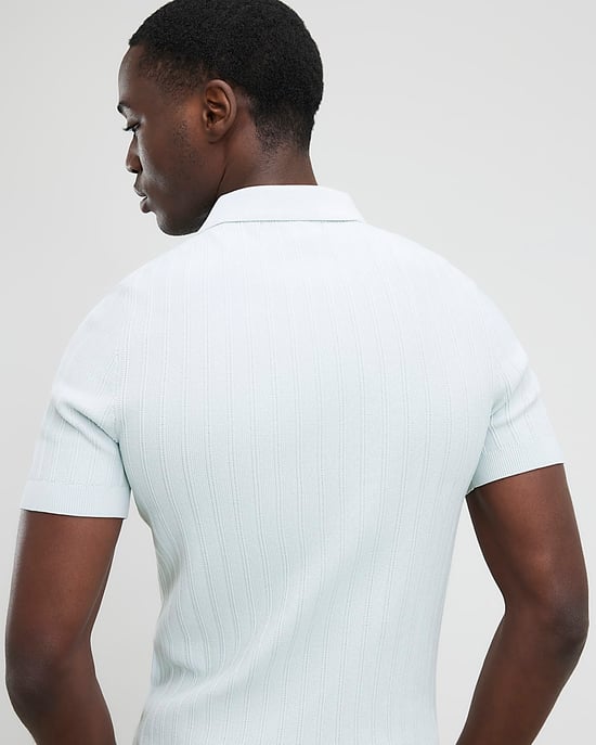 River Island Mens Polo Shirt Blue Muscle Fit Ribbed Short Sleeve - Image 2