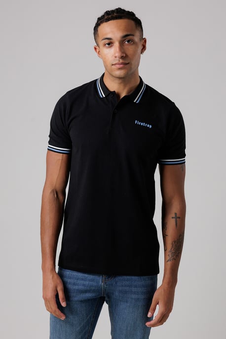 Black Regular Fit Cotton Button Polo Shirt With Stripe Detail - Image 1
