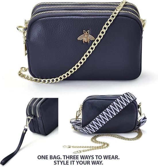Ladies Crossbody Bag With Wide Strap, Chain And Wristlet in Navy - Image 4
