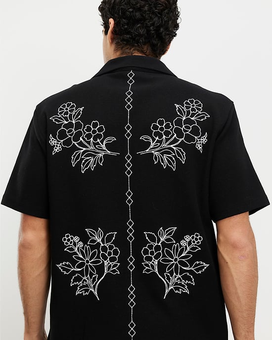 River Island Mens Shirt Black Regular Fit Floral Embroidered Collared - Image 2