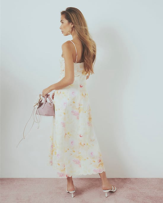 River Island Womens Midi Dress Cream Linen Blend Floral Scallop Zip - Image 3